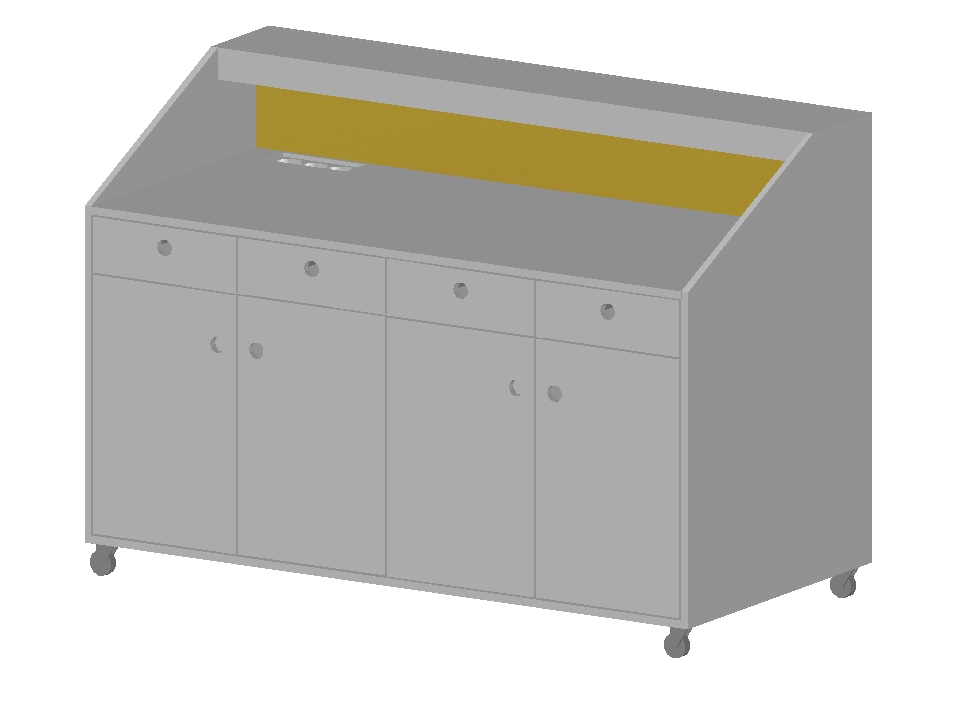 Die TST Tischlerei baut für das Gewerbe: Digitalisierter Entwurf eines Tresens mit je vier Schubladen und Türen.